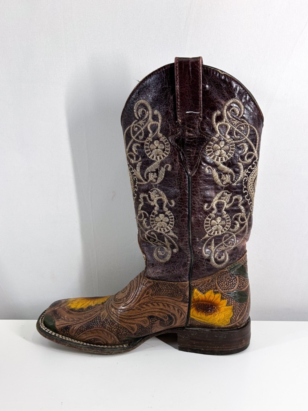 Vintage Old Corral Boho Sunflower Hand-Tooled Leather Western Cowboy Boots 6.5-7 - Picture 3 of 8